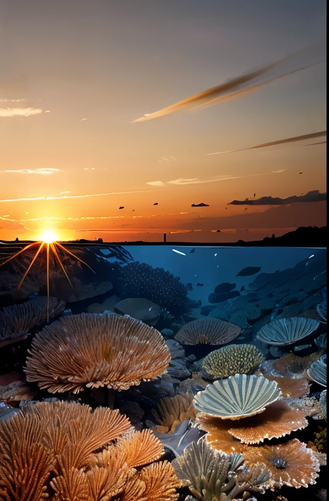 waterline style, beautiful coral reef, golden hour, sunrise 