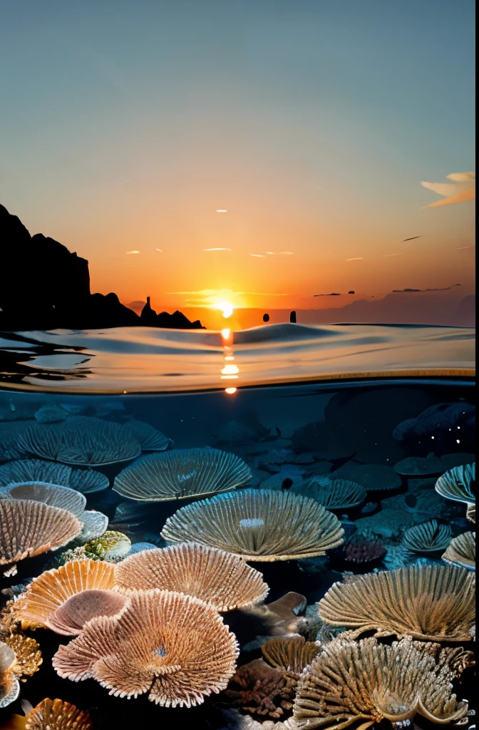 waterline style, beautiful coral reef, golden hour, sunrise 