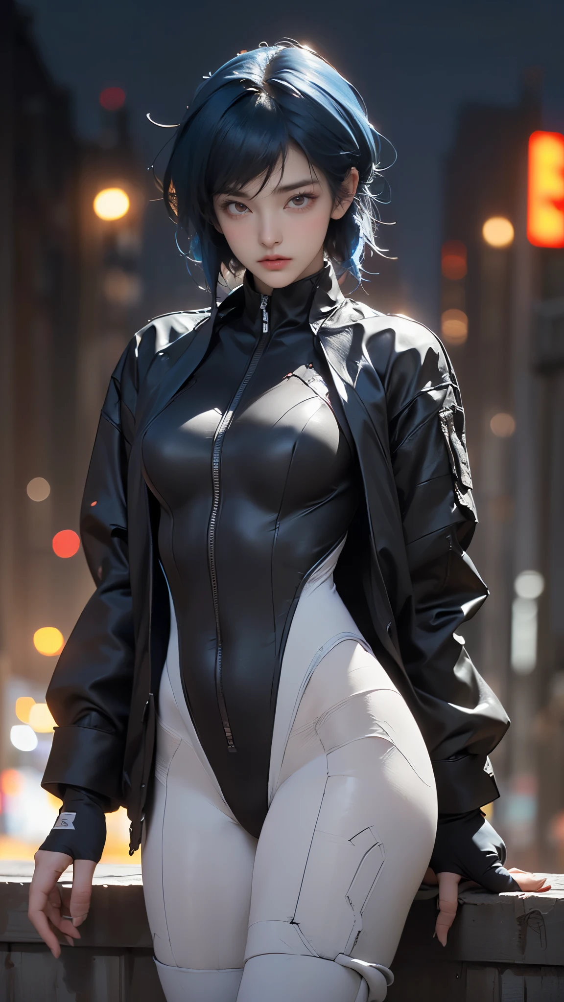 (A woman),(Kusanagi Motoko:1.5),(((Special forces women standing:1.5))),((White Tactical High Leg Bodysuit:1.5)),((Black jacket:1.5)),(Black Gloves:1.5),(Serious:1.5),(short hair:1.5),(((Blue Hair:1.5))),(beautiful eyes:1.3),(Very detailedな顔:1.5),((Very detailed drawing of a female hand:1.5)),((muscular:1.5)),(Sexy appearance:1.5),((Thick thighs:1.5)),(Beautiful Body:1.5),((Very sensual:1.5)),(Skyscrapers background at night:1.5),(Cyberpunk atmosphere:1.5),(((Blurred Background:1.5))),(Written border depth:1.5),rest(((masterpiece:1.5),(best quality:1.5),(Very detailed:1.5),(high resolution:1.5),(Practical:1.5),(Practical:1.5),(Delicate depiction),(Carefully drawn))),8k,wallpaper