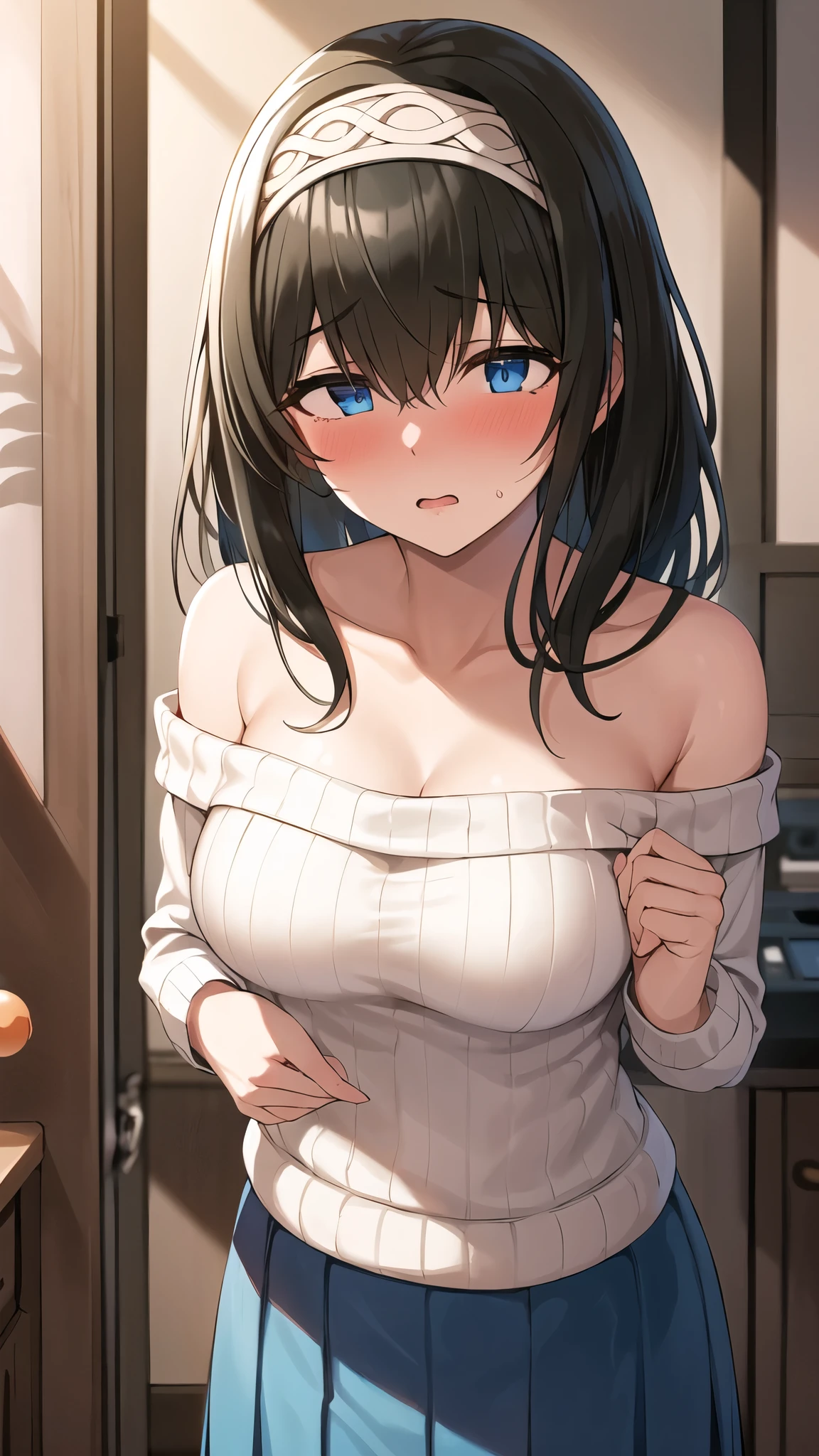  ((throw, 1 boy)),,throw,8k,Best Quality,masterpiece, Best Quality, High resolution, 1 girl, Alone,bb Fumika, The Idolmaster,valley,Long Hair, Hairbands, clavicle, Clevis, Off-the-shoulder sweater, White Sweater, Blue Skirt ,Large Breasts ,(Feeling embarrassed),mbarrassed,breasts focus,