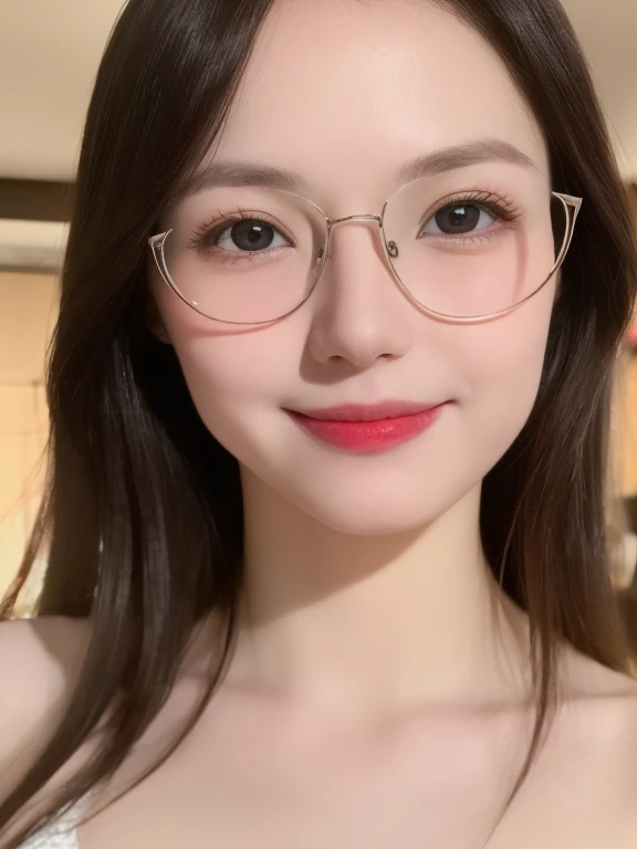 (Realistic、masterpiece、best quality、8K、high resolution、high resolution:1.3)、1 glasses girl、smile, red lips, Gigantic breasts、white bikini、pale white skin、looking at viewers、supene face and eyes、long hair、indoor、 upper body、