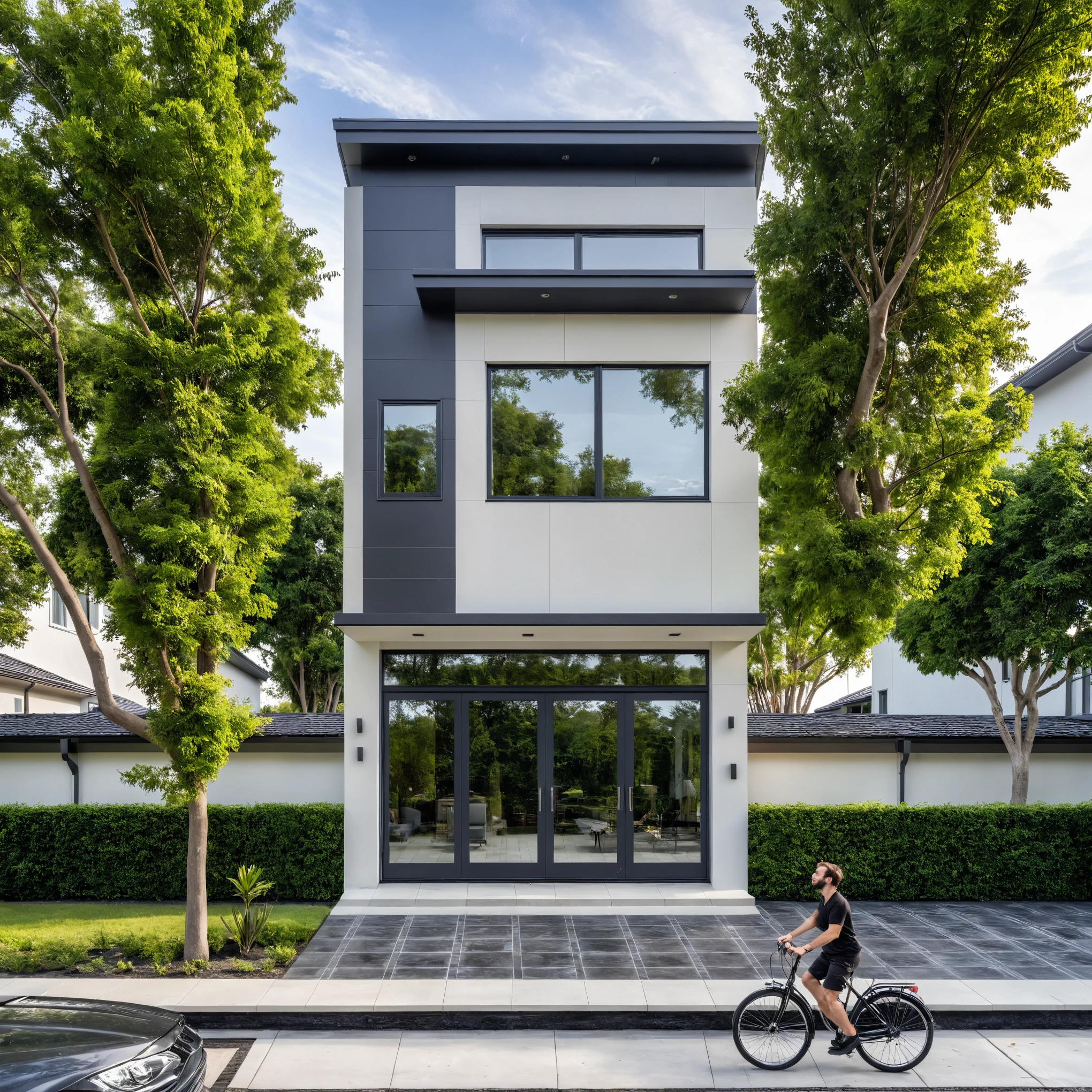 (masterpiece:1.2), best quality, photo of A two-story modern house with white walls and dark gray tiles on the roof., tree and plant, streetcapes, natural light, The exterior of an elegant single family home features large windows, (a dark gray door frame:1.5)