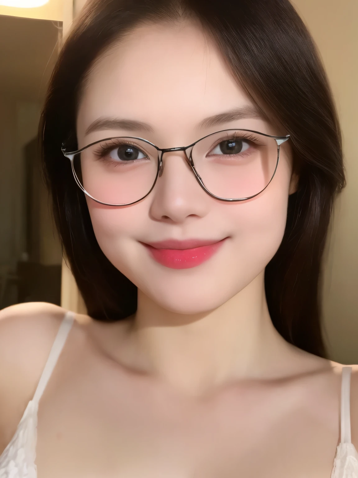 (Realistic、masterpiece、best quality、8K、high resolution、high resolution:1.3)、1 glasses girl、smile, red lips, Gigantic breasts、white bikini、pale white skin、looking at viewers、supene face and eyes、long hair、indoor、 upper body、