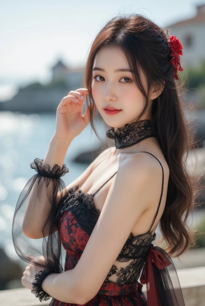 1 Nogizaka Girls、Very cute、beautiful girl、19 years old、(Gothic fashion)、Pretty face, Fine details of eyes and skin、Black and shiny hair、Elegant ruffles、荷叶边tie、tie、Rose hair ornaments、(Smiling at the camera)、(Cowboy shooting)、(European Sea)、Professional lighting、rest、(Practical、Photoreal:1.37)、8K、(masterpiece)、(highest quality:1.4)、(Ultra-high resolution:1.2)、 (RAW photo:1.2)、(Delicate lace、Soft fabric、Beautiful rose pattern dress)、Perfect Anatomy、4 fingers and 1 thumb、Seaside background、(Wallpaper by Unity 8K)