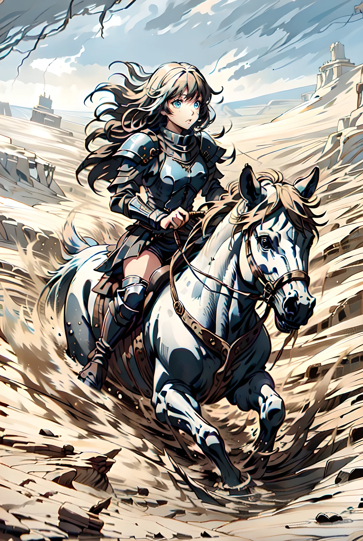 ((best quality)), ((anime masterpiece)), (high detailed), 8k, cinematic lighting, perfect face, a young female knight riding a HORSE, shocked face, (quicksand:1.2), (blue eyes, blunt bangs, long hair, {blonde hair}, medium breast), (white armor, silver shoulder pads, miniskirt, armored boots), ((white horse:1.2, {white mane}, white tail, saddle, blanket, reins, bridle, stirrups)),  FULL BODY, in the swamp, partially submerged, (((submerged in mud))), (soaked with mud:1), solo, medieval fantasy settings, from side: 1.2, anatomically correct,