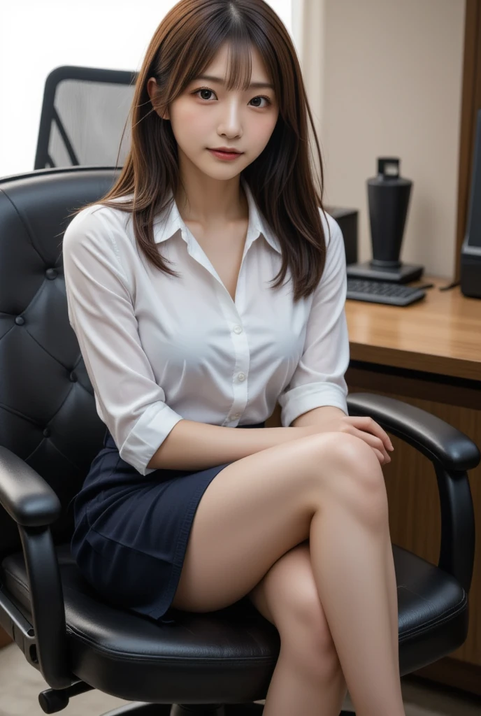 (Masterpiece, top quality)
、(from below)、(foot focus),young girl with brown hair,white blouse, black office skirt, black pantyhose, sitting cross-legged on office chair, (detailed skin: 1.3), (detailed eyes), (sharp focus),