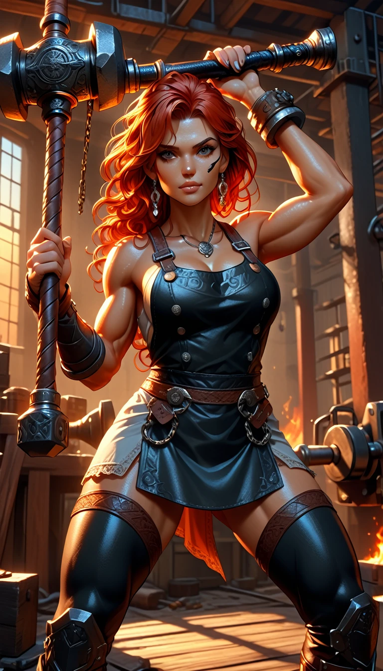 1woman, goddess of the forge, Hephaestus, ((blacksmith woman)), middle-aged woman in her 40s, ((high resolution)), intricately detailed facial features, detailed piercing eyes, refined jawline, masterpiece, 8k, UHD, HDR, ((hyper realistic)), overhead swing pose, cinematic lighting, dramatic shadows, warm color tones, intricate details, hyper-detailed, toned muscle physique, ((wavy hair like a burning ember_red at the center_black at the ends_medium length)), burn scars on chest and arms, (wearing leather apron, apron with glowing symbols), (button up shirt (tight, black)) , (leggings_skintight_white), (flat heeled black work boots), ((swings a huge smithy hammer in one hand over her head)), smith's hammer glows, standing in front an angelic anvil, (set inside a massive automated factory:1.37), battle hammer, (spl1th41r, two tone hair)