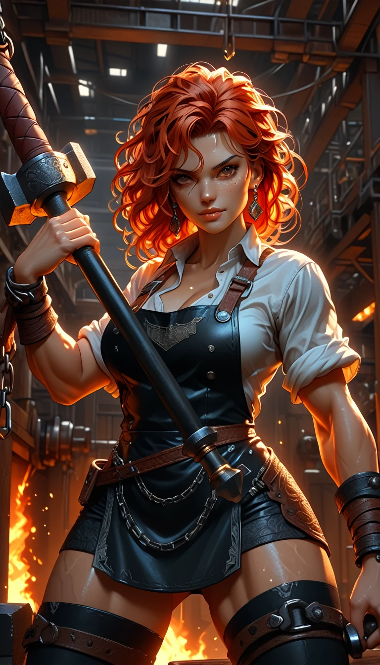 1woman, goddess of the forge, Hephaestus, ((blacksmith woman)), middle-aged woman in her 40s, ((high resolution)), intricately detailed facial features, detailed piercing eyes, refined jawline, masterpiece, 8k, UHD, HDR, ((hyper realistic)), overhead swing pose, cinematic lighting, dramatic shadows, warm color tones, intricate details, hyper-detailed, toned muscle physique, ((wavy hair like a burning ember_red at the center_black at the ends_medium length)), burn scars on chest and arms, (wearing leather apron, apron with glowing symbols), (button up shirt (tight, black)) , (leggings_skintight_white), (flat heeled black work boots), ((swings a huge smithy hammer in one hand over her head)), smith's hammer glows, standing in front an angelic anvil, (set inside a massive automated factory:1.37), battle hammer, (spl1th41r, two tone hair)