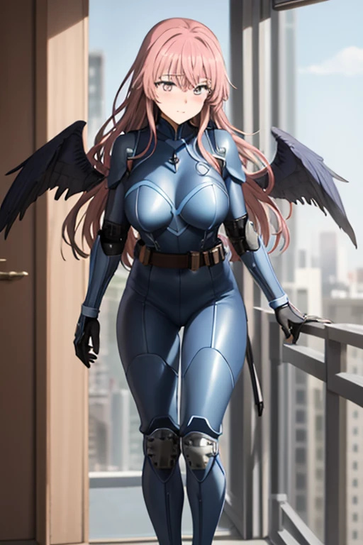 Masterpiece, best quality, ultra detailed, illustration, lighting epic, cinematic composition, 1 girl, Shinju Inui, long hair, pink hair, big breasts, pink eyes, bright eyes, blushing, closed mouth, full body, tall, thin, black details, metallic wings, wings on his arms, blue fingerless gloves, blue wristbands, luminous blue wings shooting lasers, blue suit resembling light armor, blue suit with an emblem, entirely blue chest, emblem on his chest, green pants, deployable bird tail, metallic feathers, gray knee pads, metallic gray boots, metallic bird claws, black superhero belt, flying through the city, midday city background, anime, looking at me