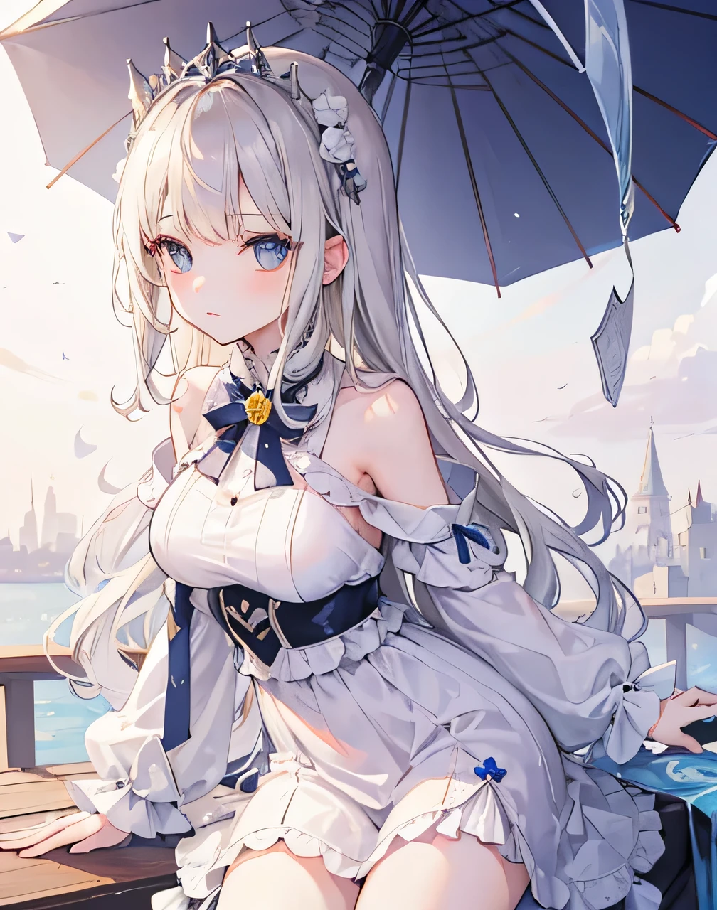 Anime girl with long hair and a white dress sitting on a dock - SeaArt AI