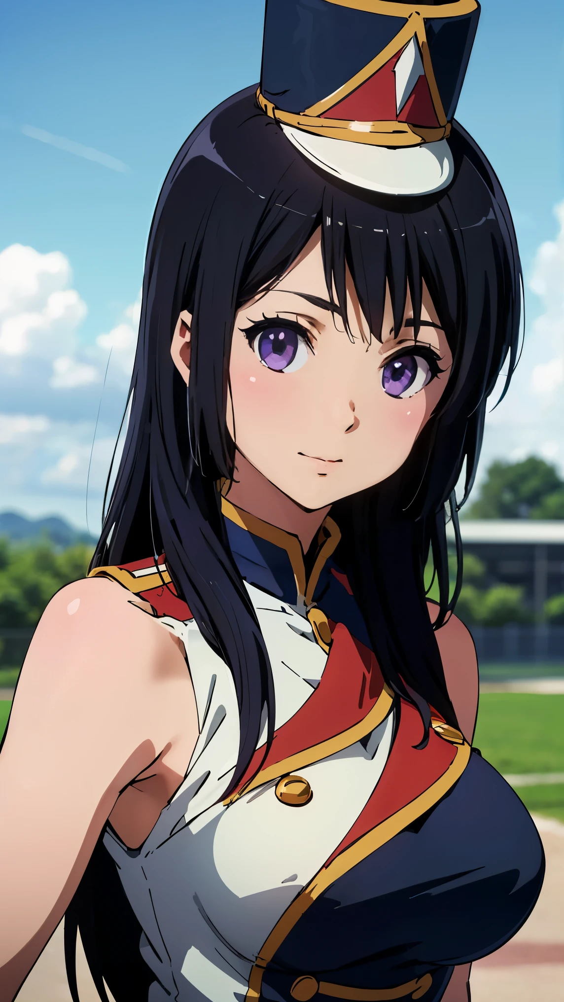 throw,(Front view),(最High image quality, 8k, High image quality, high detail,masterpiece:1.2)、(Reina Kousaka),Eye light、White skin、(Perfect hands, Perfect Anatomy)、Shining Eyes、Alone、1 girl、(Looking at the viewer),sketch、Flat Color、anime、animeカラーリング、Reina Kosaka、Marching Band、Sun Festival, Uniform、 ((KousakaBand, long hair, band uniform, white gloves, shako cap)、smile、Big Breasts、(Blur the background:1.3)、Subject in front、Detailed skin、((Centered Image:1.5)),garden、null、cloud、Face Light、Cinema Lighting