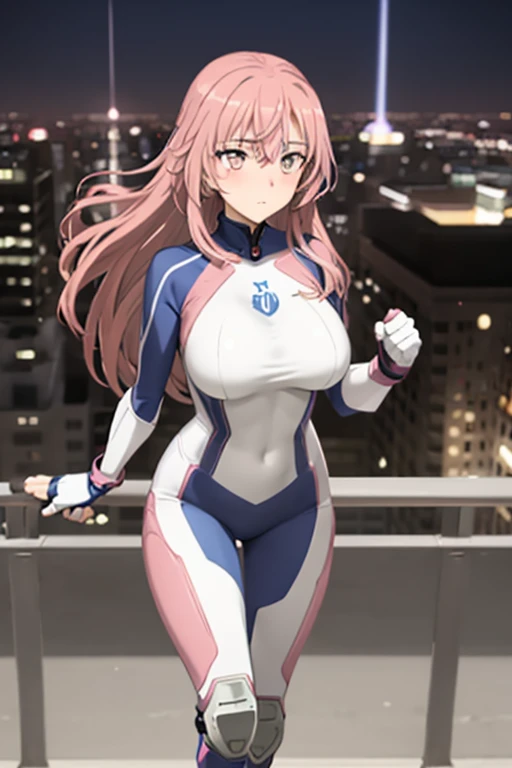 Masterpiece, best quality, ultra detailed, illustration, lighting epic, cinematic composition, 1 girl, Shinju Inui, long hair, pink hair, big breasts, pink eyes, bright eyes, blushing, closed mouth, full body, tall, slim, athletic, circles on her wrists, pink details, black fingerless gloves, pink wristbands, nanotech speedster suit that resembles light armor, pink chest with an emblem, light blue chest, blue suit with pink lines, pink speed emblem on her chest, pink emblem, blue pants, gray knee pads, metallic pink boots, white superhero belt, running through the city, pink light trail, laser, city background, anime