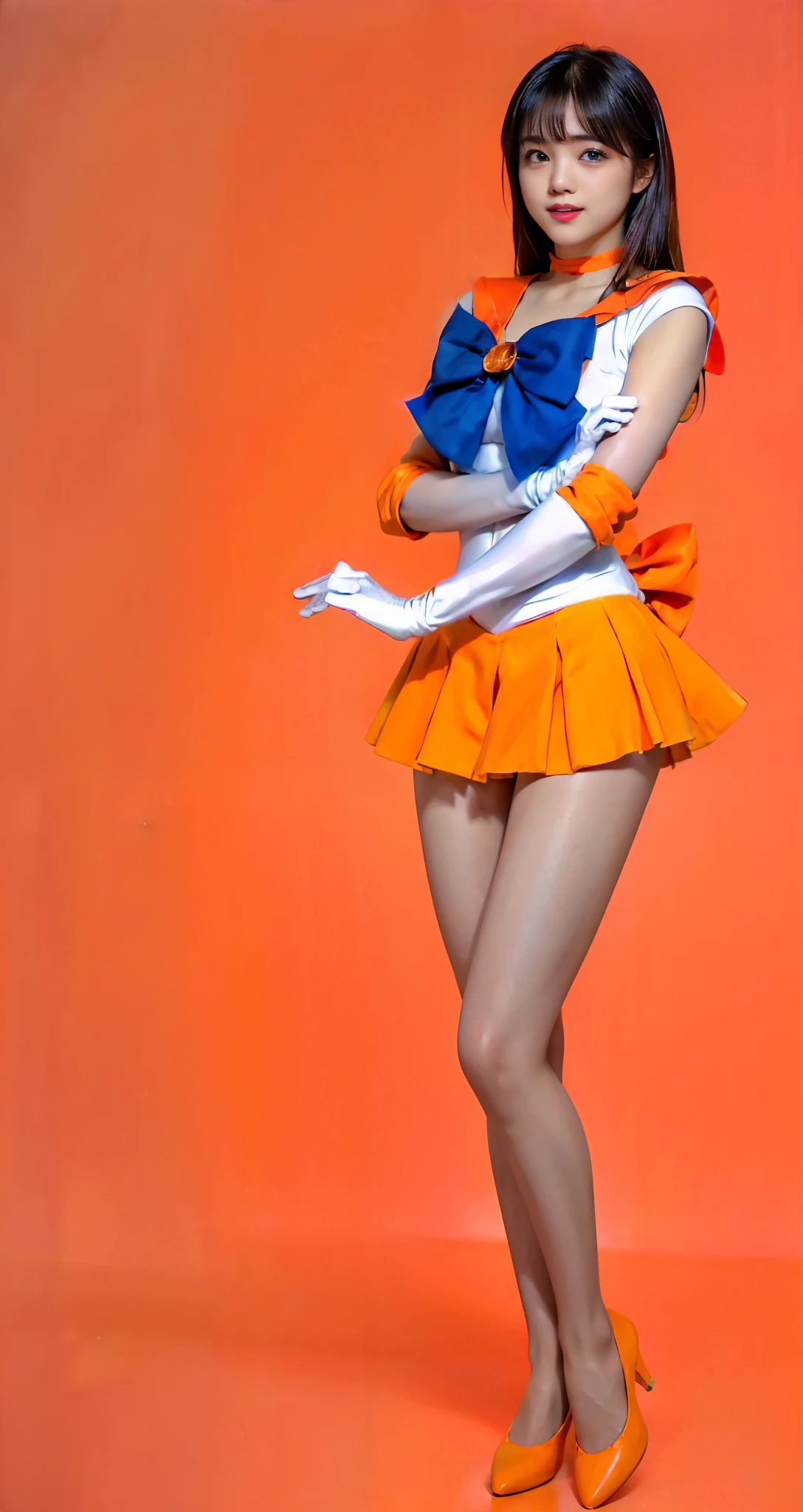 No background、(((Beautiful legs in tights.)))、(((Legally Express the Beauty of Your Smile)))、(((Wearing white gloves)))、((((Make the most of your original images)))、(((Sailor Venus Costume)))、(((Short and beautiful hair)))、(((suffering)))、(((Please wear beige tights....、Please wear orange pumps..)))、((Best Quality、8k))、((Best Quality、8k、masterpiece:1.3))、(((Save the background )))、Sharp focus:1.2、Beautiful woman with perfect figure:1.4、Slim Abs:1.2、Wet body:1.5、Highly detailed face and skin textures、8k