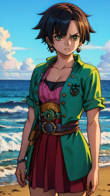 (Teens:1girl: ppgzbtc), (extremely detailed CG unit 8k wallpaper),(master part), (best quality), (ultra detail), (best illustration),(digital art), standing, neutral pose, cowboy shot, (Sharp eyeliner, ombre, detailed eyes:1), , beach, ocean, outdoor, ,break , (wano style), upper body, (PiGa), (green eyes, short hair, earrings), 