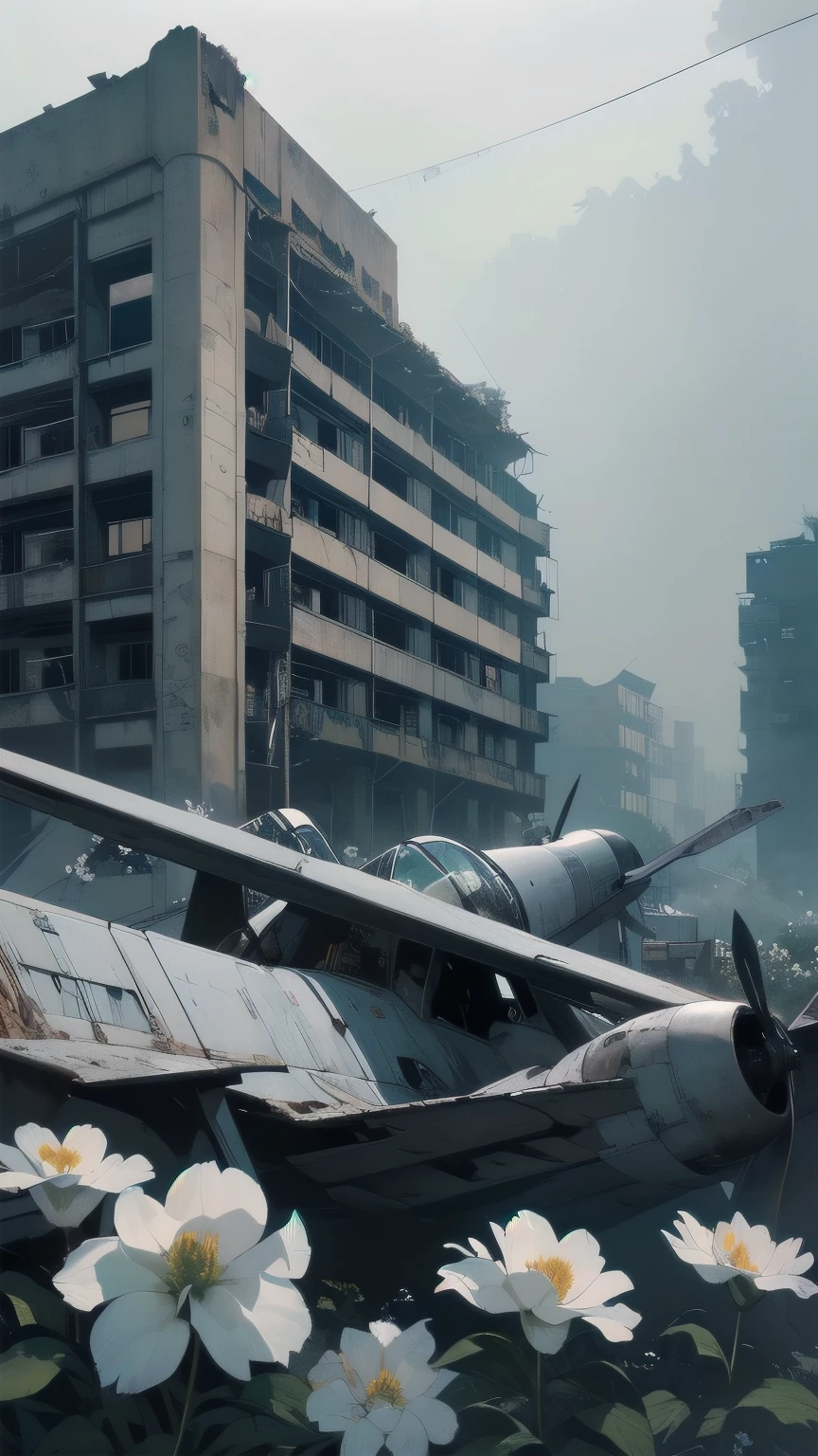 Detailed Machinery、Abandoned Factory、Atrium、White Floweeld、(((Crashed fighter plane)))、Pitch Black Night、Blue dark、Fog、Detailed Background、Top Quality、(((No humans)))、Broken and rusty fighter plane、(((白い雲)))、(((White flowers bloom on the building)))