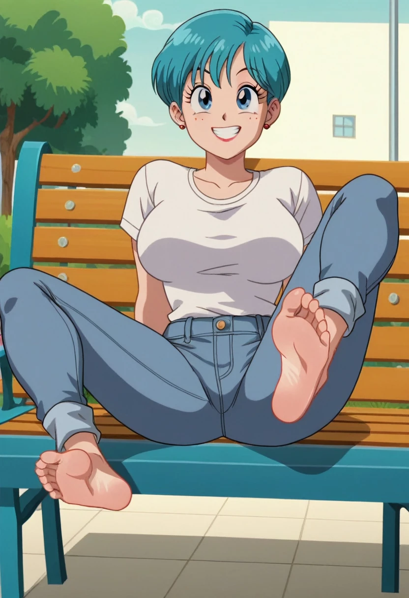 source_animé, puntaje_9, puntaje_8_arriba, puntaje_7_arriba, animé screencap,8k, absurdo res, Bulma, 1 girl, solo, blue hair, short sleeves, white t shirt, neckline, barefoot, soles, feet, toes, feet focus, sitting on bench, floor, building, outdoors, big breasts, wide hips, seductive smile, seductive look, feet up, legs up, spread legs, jeans pants