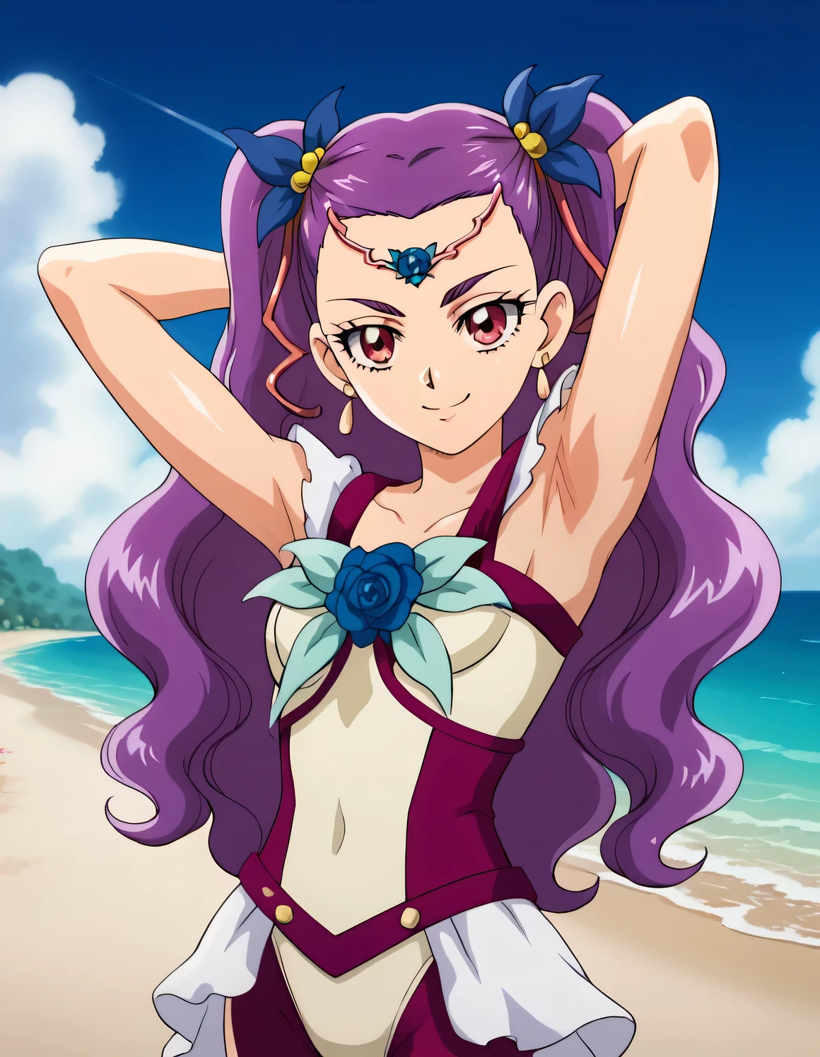 milkyrose, shiny skin, high quality, closed mouth, looking at viewer, showing armpit, looking at viewer, solo, {contrapposto}, spread armpit, arms behind head, smile, looking at viewer, cowboy shot, closed mouth, night sky, beach, best quality,