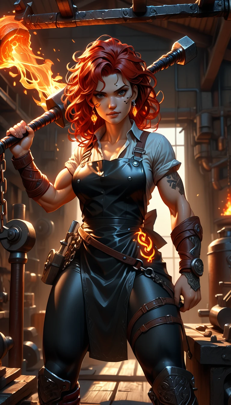 1woman, goddess of the forge, Hephaestus, ((blacksmith woman)), middle-aged woman in her 40s, ((high resolution)), intricately detailed facial features, detailed piercing eyes, refined jawline, masterpiece, 8k, UHD, HDR, ((hyper realistic)), overhead swing pose, cinematic lighting, dramatic shadows, warm color tones, intricate details, hyper-detailed, toned muscle physique, ((wavy hair, red, with black tips), burn scars on chest and arms, (wearing leather apron, apron with glowing symbols), (button up shirt, tight, black) , (leggings, skintight, white), (work boots, flat heeled, black), ((swings a huge smithy hammer in one hand over her head)), smith's hammer glows, standing in front an angelic anvil, (set inside a massive automated factory:1.37), battle hammer, (spl1th41r, two tone hair, red/black hair)