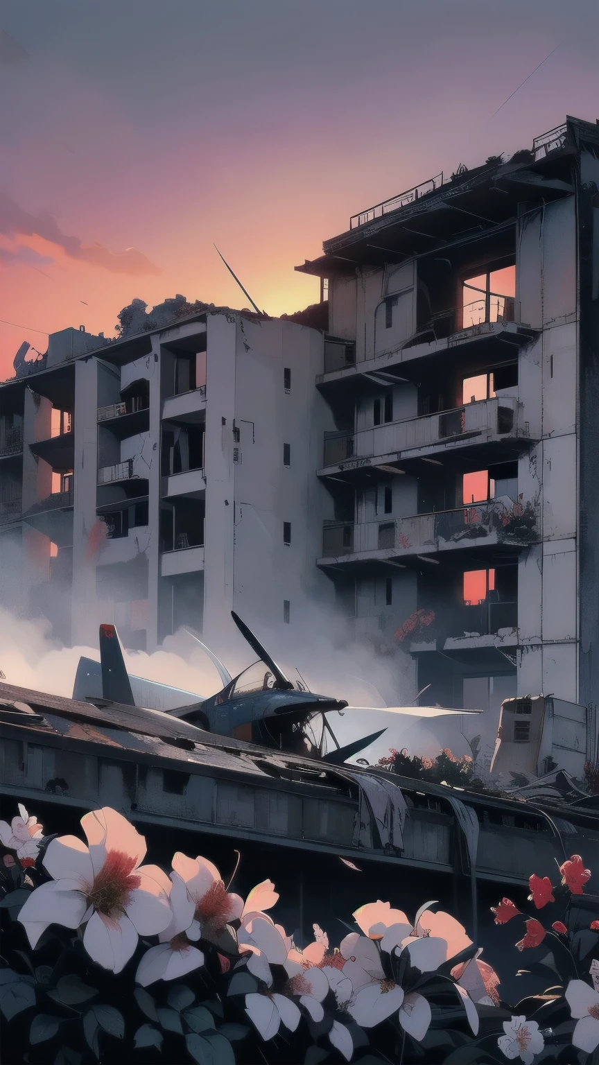 Detailed Machinery、Abandoned Factory、Atrium、White Floweeld、(((Crashed fighter plane)))、Pitch Black Night、Blue dark、Fog、Detailed Background、Top Quality、(((No humans)))、Broken and rusty fighter plane、(((Red Sunset)))、(((White flowers bloom on the building)))、たくさんの白い蝶