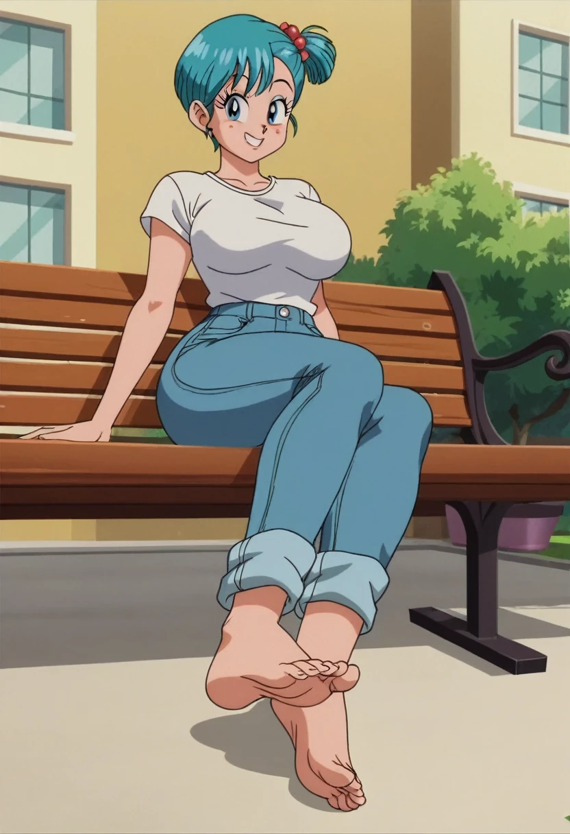 source_animé, puntaje_9, puntaje_8_arriba, puntaje_7_arriba, animé screencap,8k, absurdo res, Bulma, 1 girl, solo, blue hair, short sleeves, white t shirt, neckline, barefoot, soles, feet, toes, feet focus, sitting on bench, floor, building, outdoors, big breasts, wide hips, seductive smile, seductive look, jeans pants