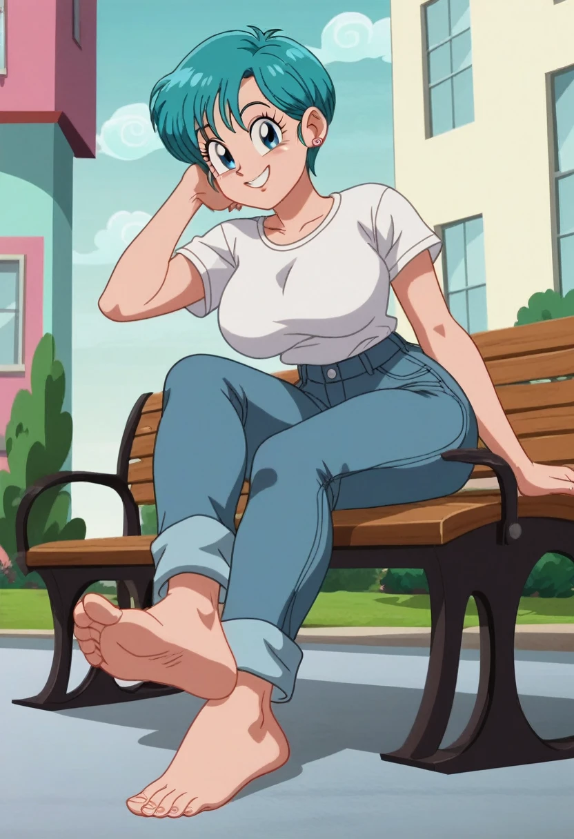 source_animé, puntaje_9, puntaje_8_arriba, puntaje_7_arriba, animé screencap,8k, absurdo res, Bulma, 1 girl, solo, blue hair, short sleeves, white t shirt, neckline, barefoot, soles, feet, toes, feet focus, sitting on bench, floor, building, outdoors, big breasts, wide hips, seductive smile, seductive look, jeans pants