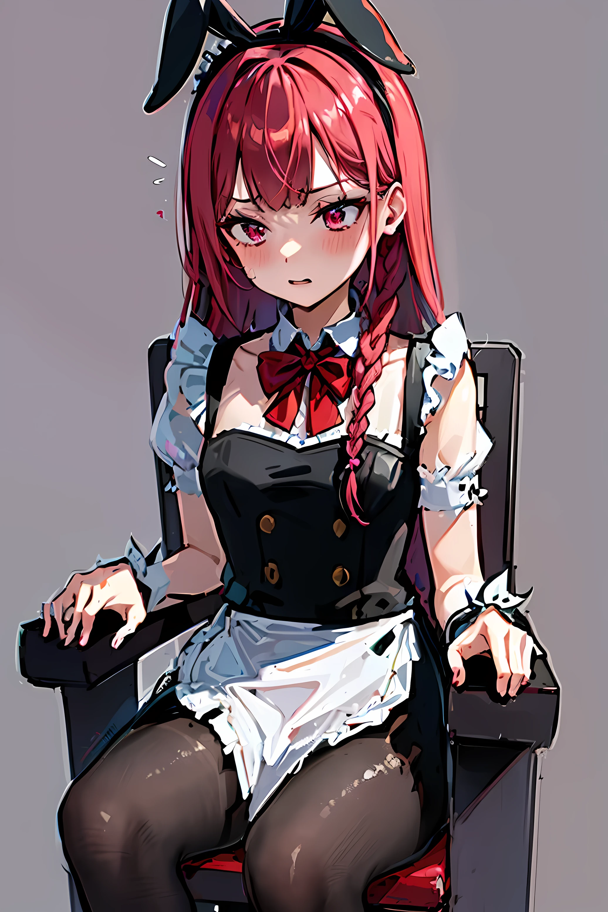 girl, pinkish red hair, two braids,maid, black bunny outfit, pantyhose, as if losing a bet, Tied to the chair, simple background, a cell phone taking a picture of her