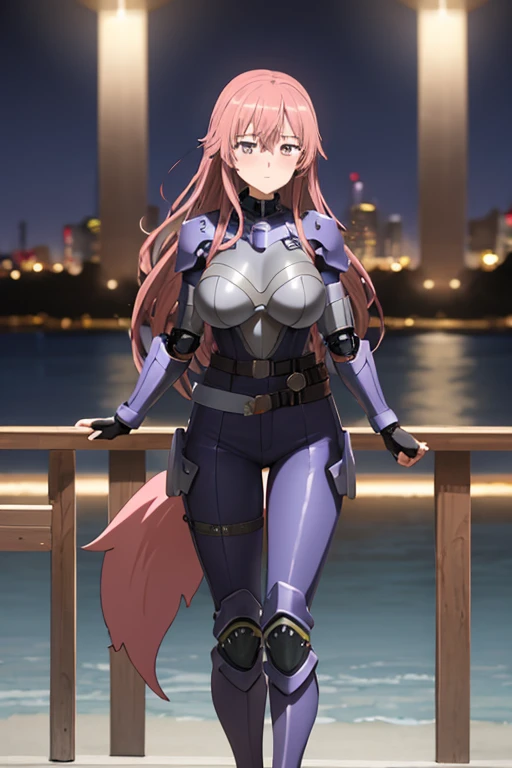 Masterpiece, best quality, ultra detailed, illustration, lighting epic, cinematic composition, 1 girl, Shinju Inui, long hair, pink hair, big breasts, pink eyes, bright eyes, blushing, closed mouth, full body, black collar, tall, very athletic, shark fins in wrist, gray details, purple fingerless gloves, purple wristbands, purple robotic armor resembling light armor, purple chest with an emblem, green emblem on his chest, green emblem, purple pants, purple shark tail, blue knee pads, metallic purple boots, black superhero belt, standing on a pier by the sea, night city background, anime