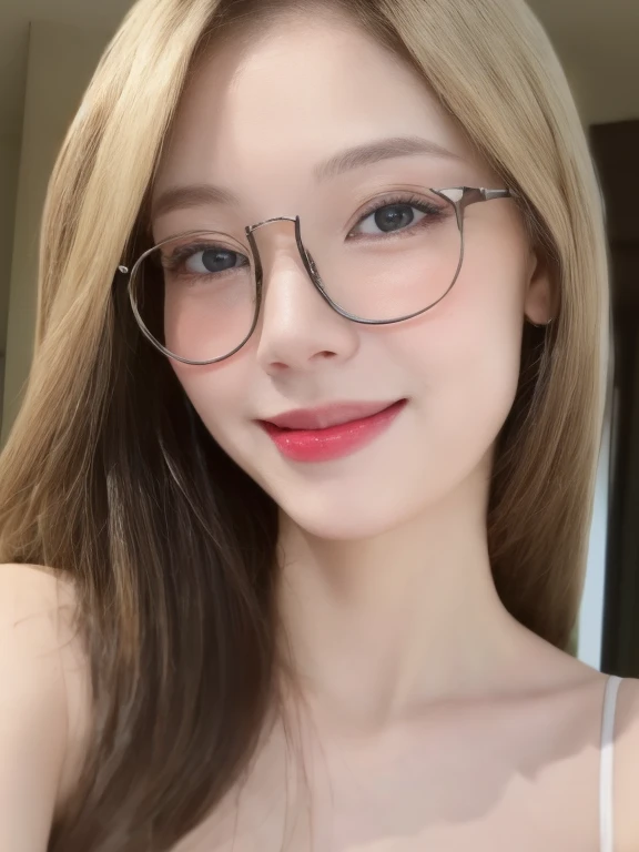 (Realistic、masterpiece、best quality、8K、high resolution、high resolution:1.3)、1 glasses girl、smile, red lips, Gigantic breasts、white bikini、pale white skin、looking at viewers、supene face and eyes、long hair、indoor、 upper body、