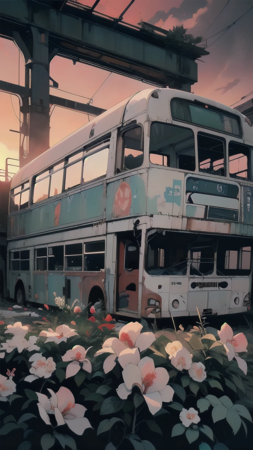 Detailed Machinery、Abandoned Factory、Atrium、White Floweeld、(((Crashed large bus)))、Pitch Black Night、Blue dark、Fog、Detailed Background、Top Quality、(((No humans)))、Broken and rusty detailed large bus、(((Red Sunset)))、(((White flowers bloom on the building)))、Large bus covered with white flowers