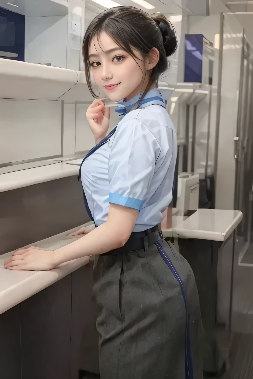 (masterpiece:1.2, Best Quality:1.2), 32K HDR, High resolution, (Alone、1 girl)、(on board、Professional Lighting)、In-flight background、(ANA flight attendant uniform blueを着たリアルスタイル)、((ANA flight attendant uniform blue short sleeve blouse 、 ANA flight attendant uniform blue skirt with blue line on the back、Scarf around the neck))、Dark brown hair、(Long Hair、Hair tied up、Hair tied up)、Dark brown hair、Long Shot、Big Breasts、Thin legs、((Great hands:2.0)),((Harmonious body proportions:1.5)),((Normal limbs:2.0)),((Normal finger:2.0)),((Delicate eyes:2.0)),((Normal eyes:2.0)))、smile、(ANA flight attendant uniform blueを見せた美しい後ろ姿)、Hands down