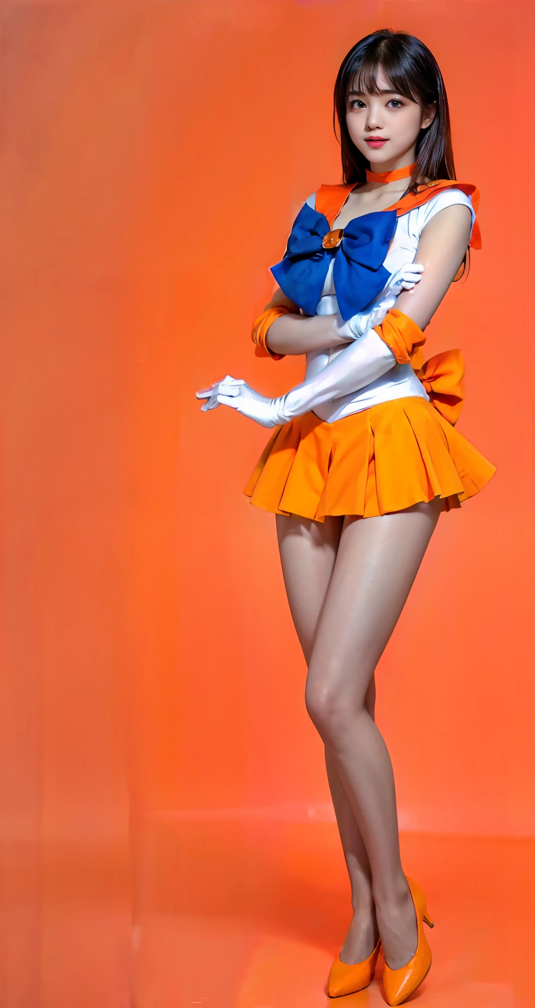 No background、(((Beautiful legs in tights.)))、(((Legally Express the Beauty of Your Smile)))、(((Wearing white gloves)))、((((Make the most of your original images)))、(((Sailor Venus Costume)))、(((Short and beautiful hair)))、(((suffering)))、(((Please wear beige tights....、Please wear orange pumps..)))、((Best Quality、8k))、((Best Quality、8k、masterpiece:1.3))、(((Save the background )))、Sharp focus:1.2、Beautiful woman with perfect figure:1.4、Slim Abs:1.2、Wet body:1.5、Highly detailed face and skin textures、8k