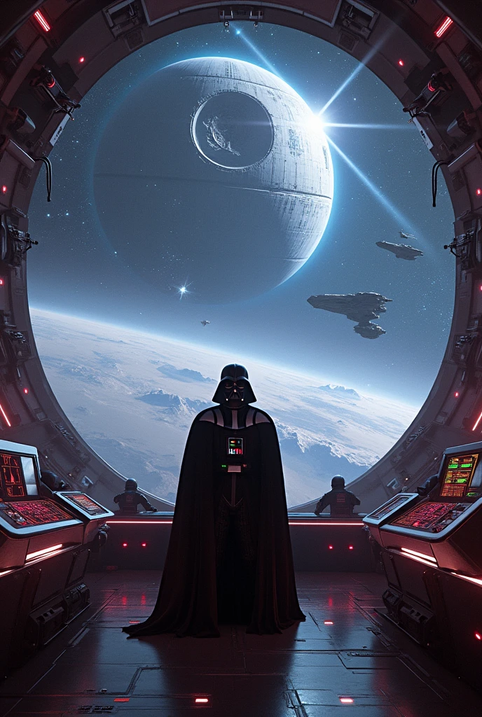 ((Highest quality)), ((masterpiece)), (detailed), Star Wars、universe、Darth Vader on the bridge of the Death Star、Imperial troops at a workstation with a monitor、Many stars、輝くuniverse、Battleships all around