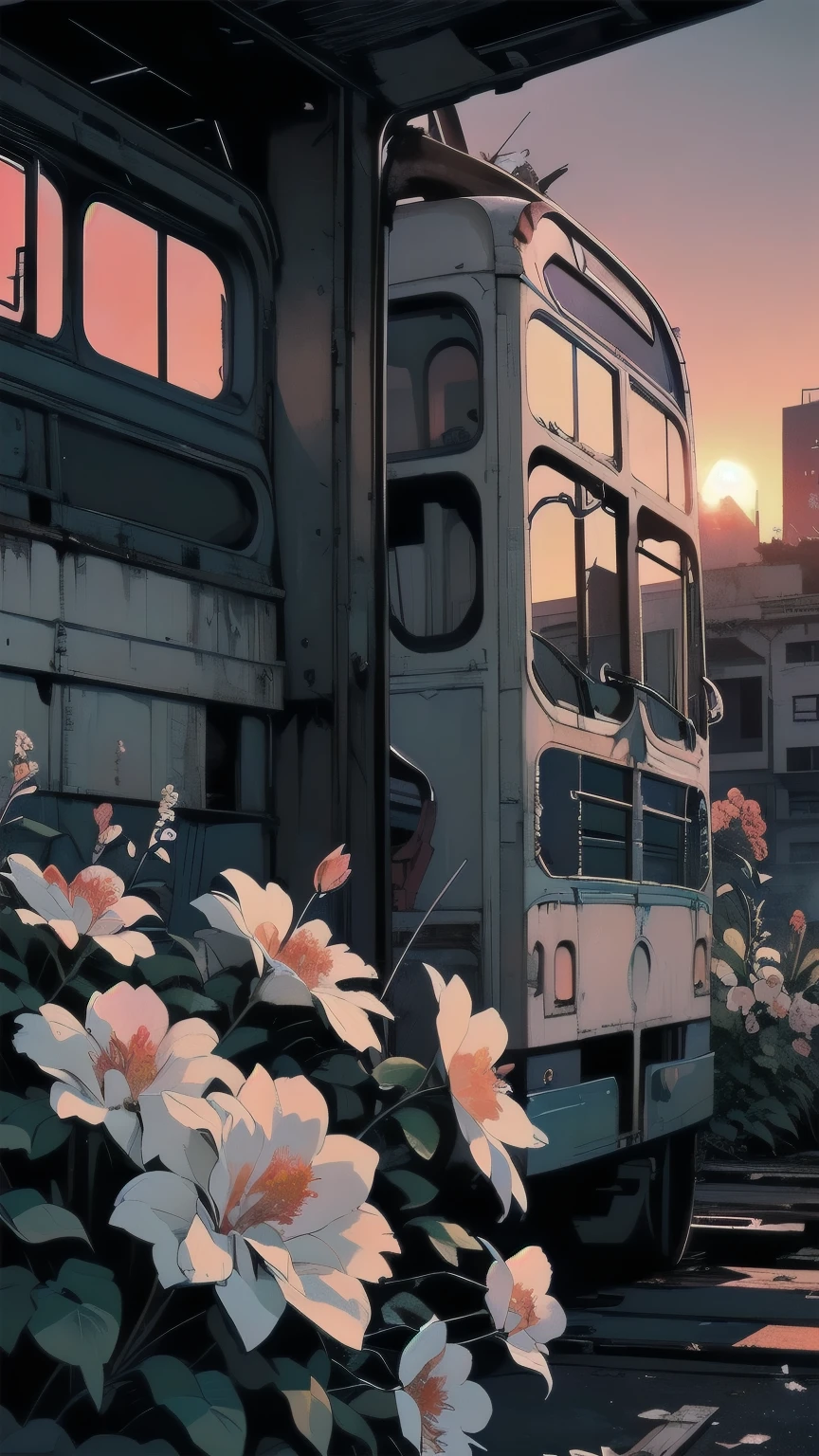 Detailed Machinery、Abandoned Factory、Atrium、White Floweeld、(((Crashed large bus)))、Pitch Black Night、Blue dark、Fog、Detailed Background、Top Quality、(((No humans)))、Broken and rusty detailed large bus、(((Red Sunset)))、(((White flowers bloom on the building)))、Large bus covered with white flowers