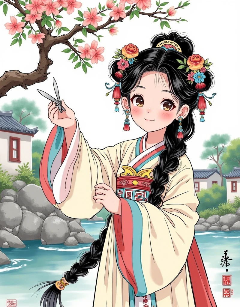 masterpiece，High quality，Rich details，Complete composition，4k HD，《White Snake》, 1 girl，Half-length portrait，Big eyes，Micro-expression，Wear Chinese opera costumes，Scissorhands，landscape painting，Long sleeve，earrings。