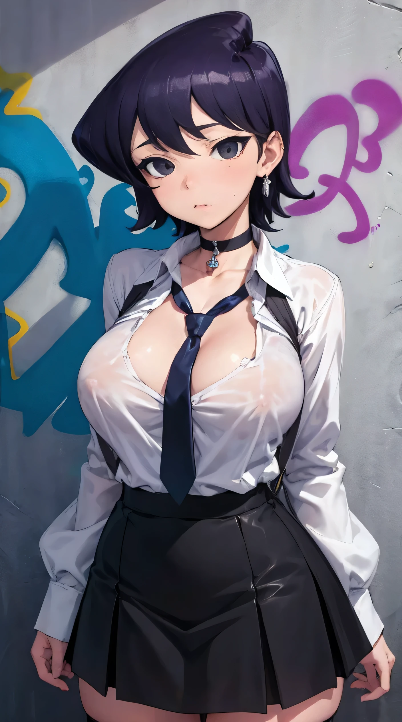 Komi Shuuko, masterpiece, Best quality, 1 girl, 18 years, Large breasts, jewelry, earrings, piercing, school uniform, white shirt, open shirt, unbuttoned shirt, black choker, blue necktie, navel, piercing, plaid skirt, (graffiti:1.5), Splashes with purple lightning pattern., hand behind your back, near the wall, Front View of Viewers., thigh strap, head tilt, bored, watery eyes,