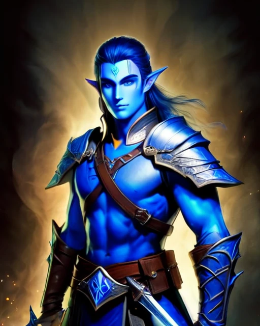 Male Blue skin elven warrior, handsome face, sword on belt