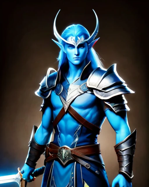 Male Blue skin elven warrior, handsome face, sword on belt