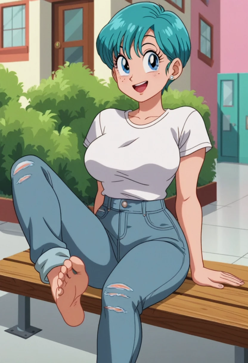 source_animé, puntaje_9, puntaje_8_arriba, puntaje_7_arriba, animé screencap,8k, absurdo res, Bulma, 1 girl, solo, blue hair, short sleeves, white t shirt, neckline, barefoot, soles, feet, toes, feet focus, sitting on bench, floor, building, outdoors, big breasts, wide hips, seductive smile, seductive look, jeans pants, feet up, legs up