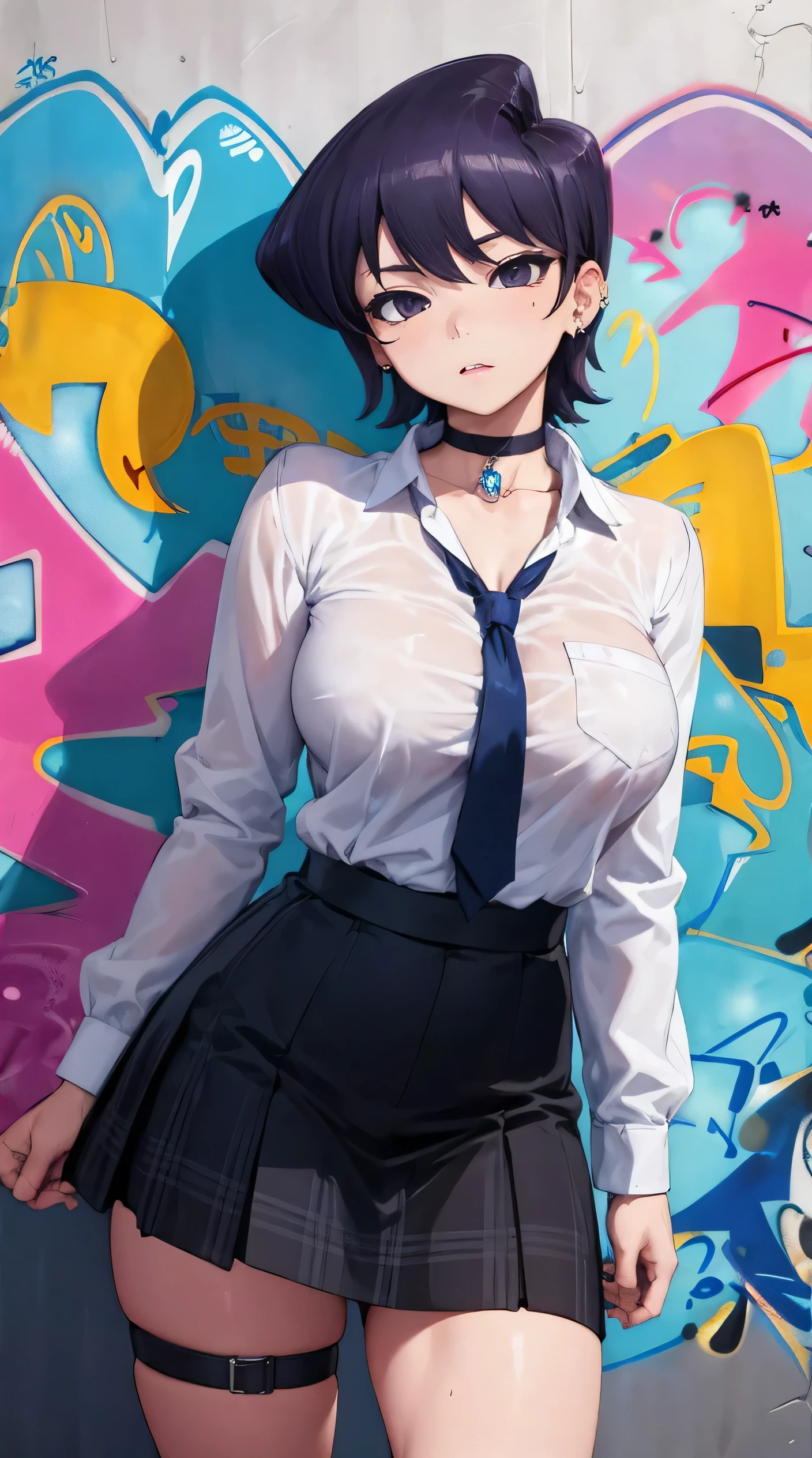 Komi Shuuko, masterpiece, Best quality, 1 girl, 18 years, Large breasts, jewelry, earrings, piercing, school uniform, white shirt, open shirt, unbuttoned shirt, black choker, blue necktie, navel, piercing, plaid skirt, (graffiti:1.5), Splashes with purple lightning pattern., hand behind your back, near the wall, Front View of Viewers., thigh strap, head tilt, bored, watery eyes,