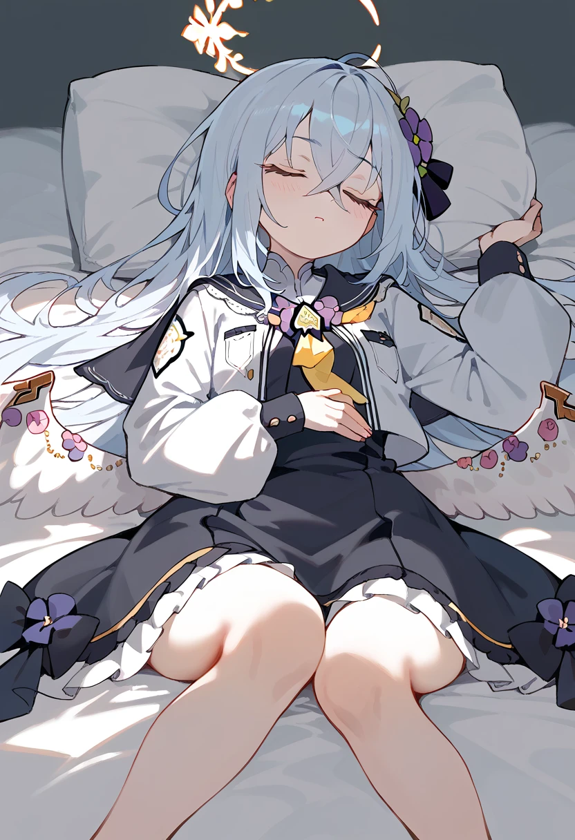 White Kitten, Flowers, Sleep, Black long hair, night, Starry Sky