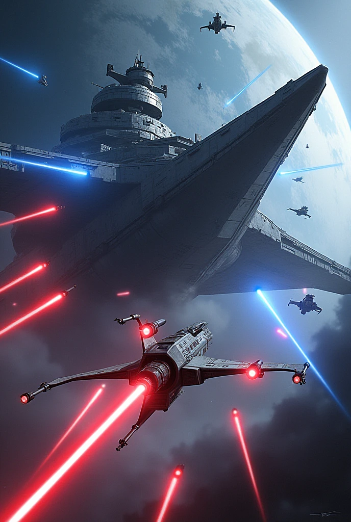 ((Highest quality)), ((masterpiece)), (detailed), Star Wars、universe、Huge Battleship、Final Battle、Blue and red laser beams