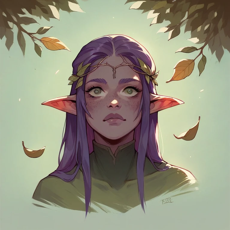 Fullbody ilustration, Dnd druid elf, woman, long purple hair, leaves, simple background 