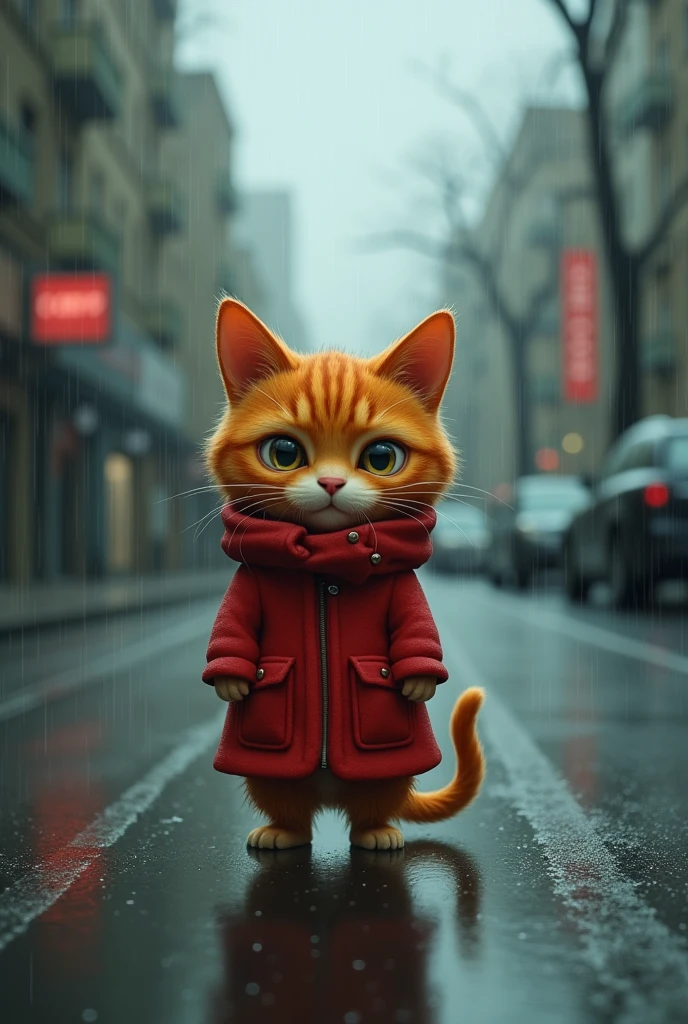 An orange cat wearing a red coat in the middle of the road in the rain with a sad face and crying