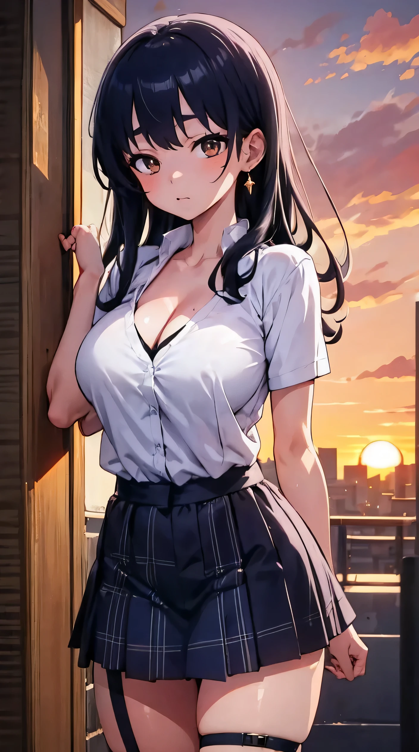 Yamada Anna, masterpiece, Best quality, 1 girl, 18 years, Big breasts, black hair, multicolored hair, bangs, one side up, long hair, brown eyes, hairclip, jewelry, earrings, medium breasts, gyaru, cleavage, collarbone, school uniform, white shirt, short sleeves, bow, blue skirt, plaid skirt, sweater around waist (street city background), (Sunset:1.2), hand behind your back, near the wall, Front View of Viewers., thigh strap, head tilt, bored, watery eyes,