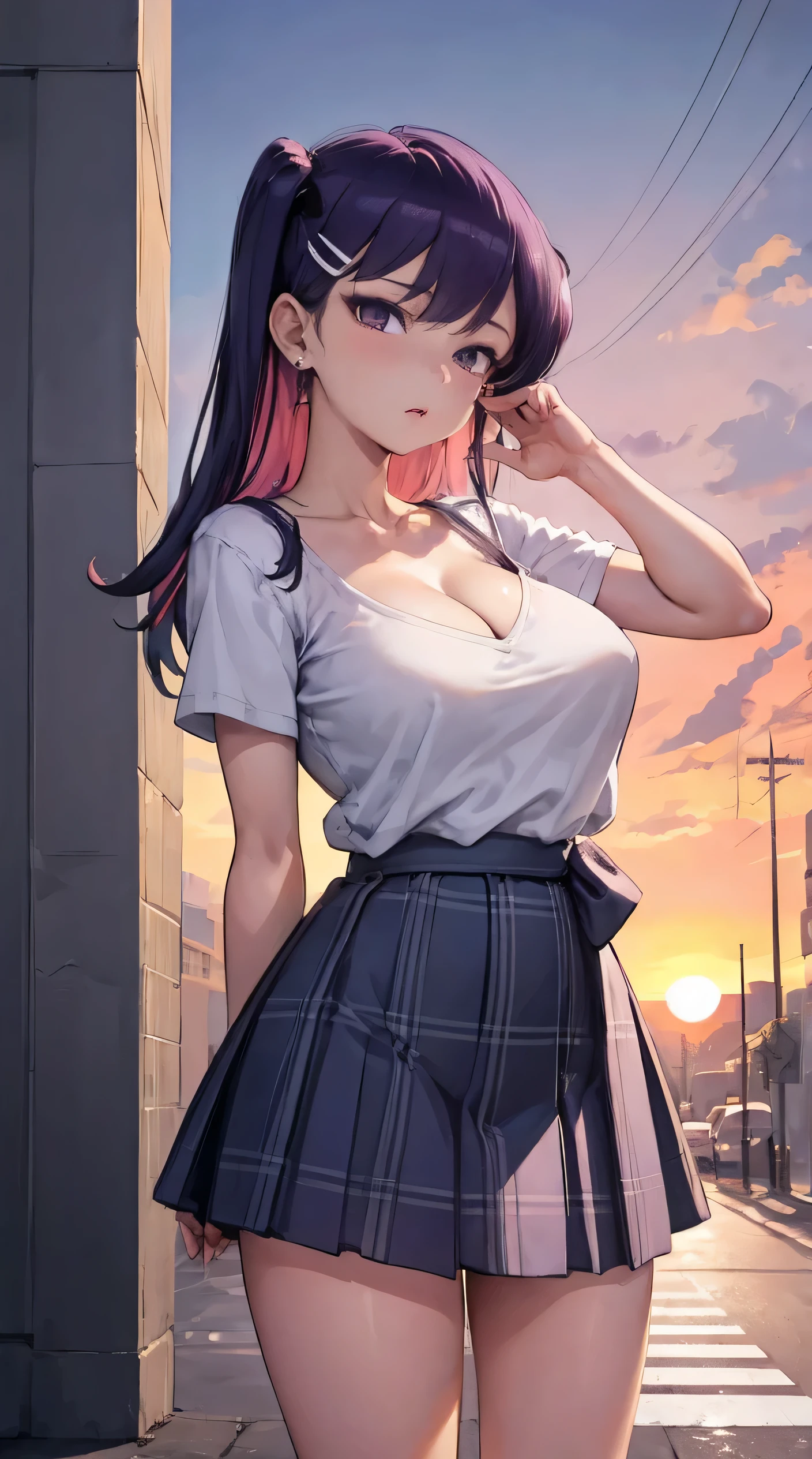 Komi Shuuko, masterpiece, Best quality, 1 girl, 18 years, Big breasts, purple hair, multicolored hair, bangs, one side up, long hair, purple eyes, hairclip, jewelry, earrings, medium breasts, gyaru, cleavage, collarbone, school uniform, white shirt, short sleeves, bow, blue skirt, plaid skirt, sweater around waist (street city background), (Sunset:1.2), hand behind your back, near the wall, Front View of Viewers., thigh strap, head tilt, bored, watery eyes,