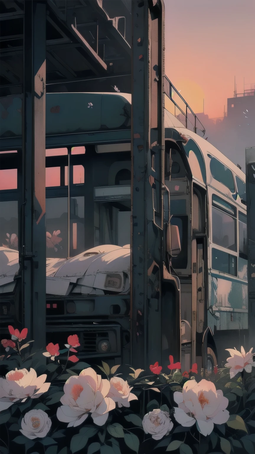 Detailed Machinery、Abandoned Factory、Atrium、White Floweeld、(((Crashed large bus)))、Pitch Black Night、Blue dark、Fog、Detailed Background、Top Quality、(((No humans)))、Broken and rusty detailed large bus、(((Red Sunset)))、(((White flowers bloom on the building)))、Large bus covered with white flowers