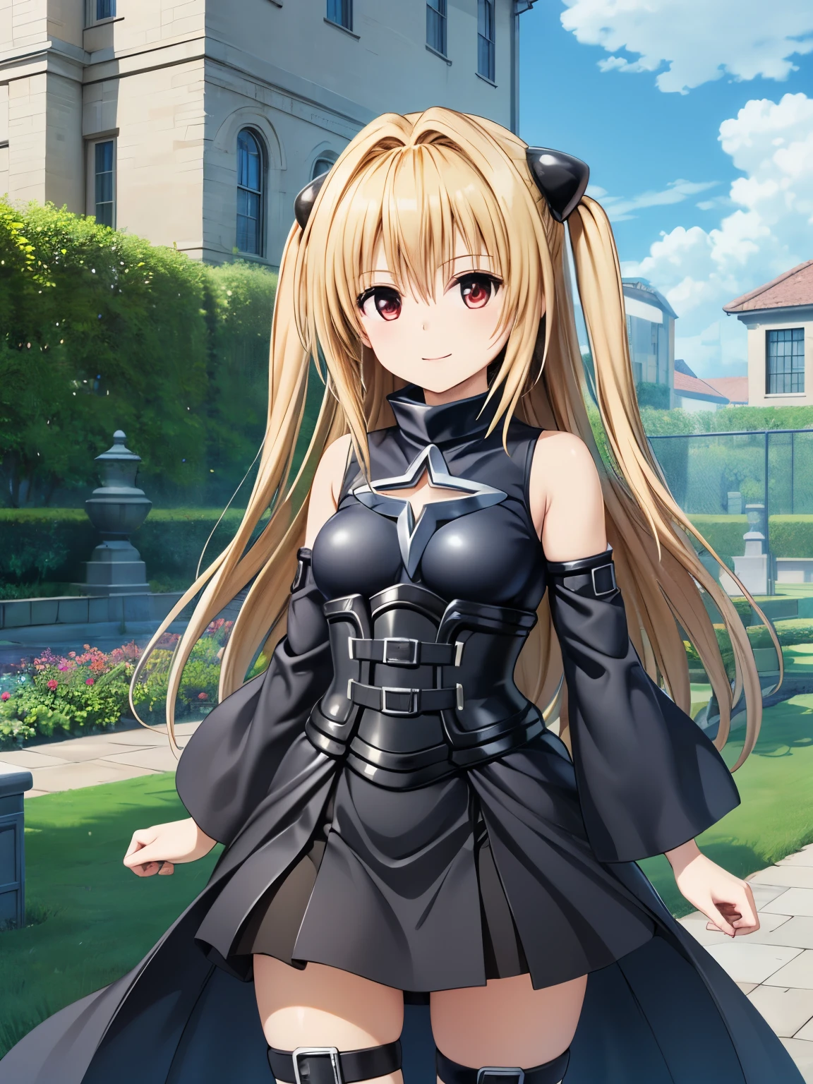 (masterpiece、Best Quality、detailed)、1girl、solo、garden、Closed mouth looking at the viewer、smile、Konjiki no Yami、Long Hair、Both sides up、Hair accessories、Bare shoulders、Black Dress、Clothes cutouts、Remove the sleeves、belt、Thigh straps、Hitting a wall、building、blue sky、Head tilted、Parting lips、whole body、Wide Shot