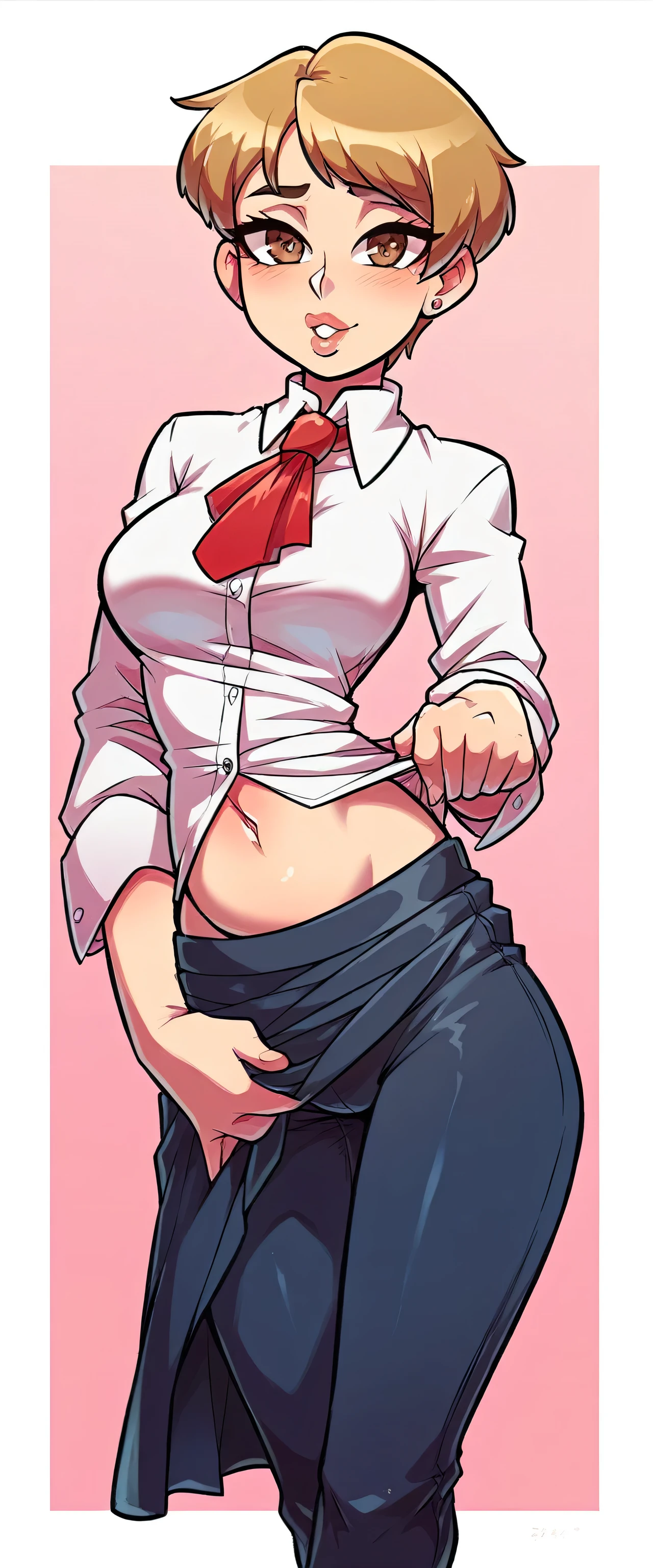 anime girl with pink hair and a tie holding her feet up,jumping,view from back, giantess art, extreme foreshortening, baki style, baki, foreshortening, detailed legs towering over you, detailed legs looming over you, clean detailed anime art, by Kentaro Miura, macro giantess,feet