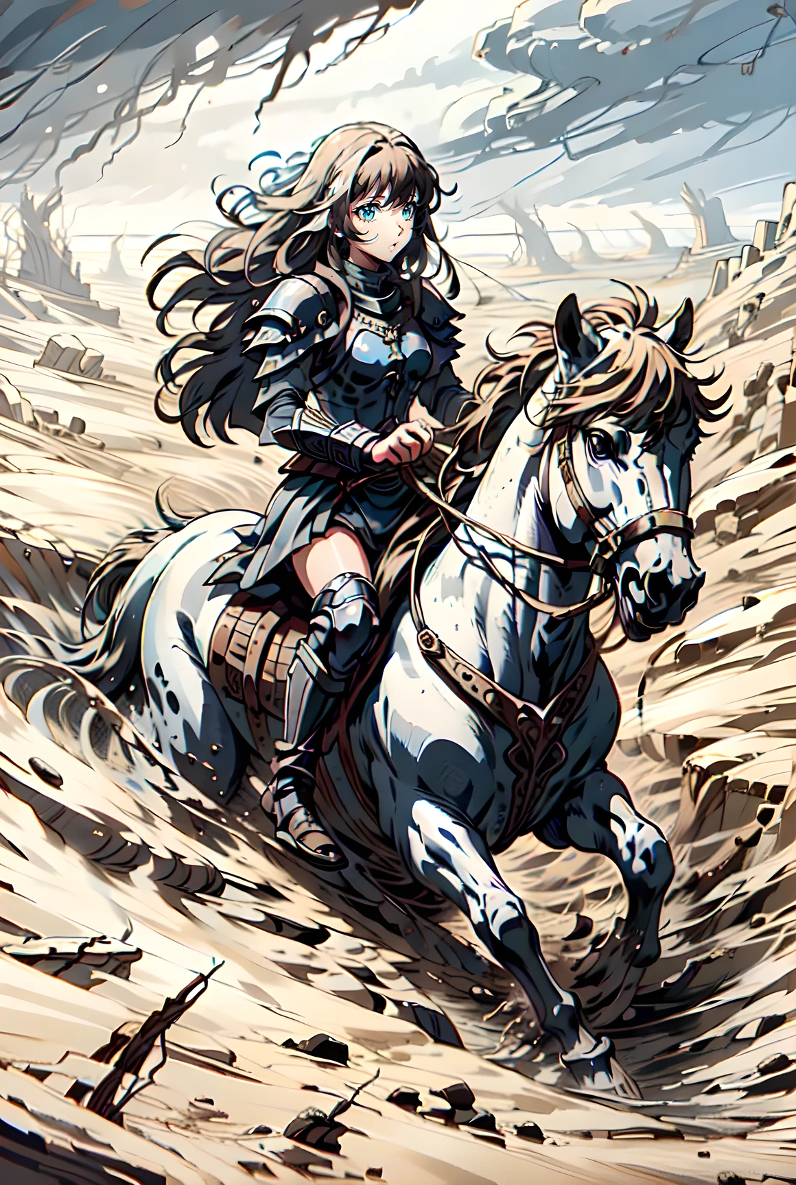 ((best quality)), ((anime masterpiece)), (high detailed), 8k, cinematic lighting, perfect face, a young female knight riding a HORSE, shocked face, (quicksand:1.2), (blue eyes, blunt bangs, long hair, {blonde hair}, medium breast), (white armor, silver shoulder pads, miniskirt, armored boots), ((white horse:1.2, {white mane}, white tail, saddle, blanket, reins, bridle, stirrups)),  FULL BODY, in the swamp, partially submerged, (((submerged in mud))), (soaked with mud:1), solo, medieval fantasy settings, from side: 1.2, anatomically correct,