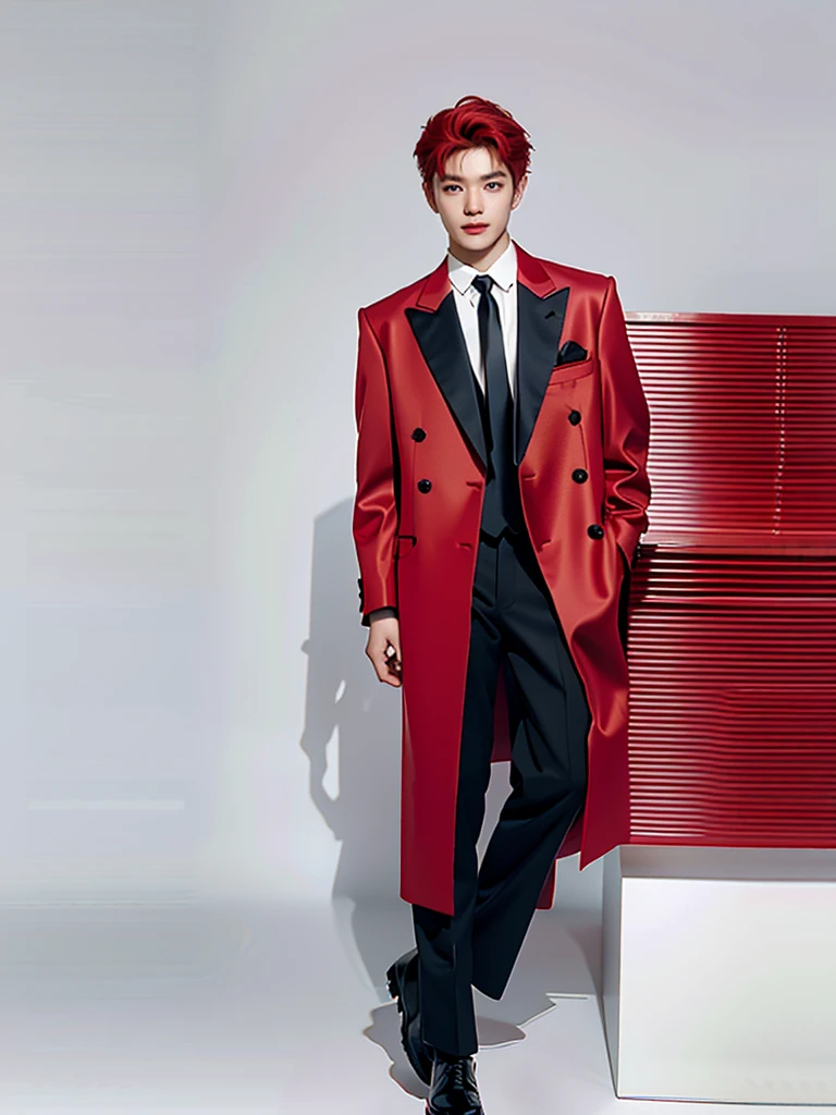 Full Body Photo 、 8K HD High Quality Image 、 Studio Background 、 Natural Face, Accurate 、Korean man 、 1 Taeyong from NCT U 、White skin 、 Red hair 、FULL red tuxedo set 、black shoes 、Standing in a Full Height from Head to toe 、Cool Korean man haircut 、Holding a rose 、NO MAKE UP 、Red FACE MASK 、Red fedora 、Red tuxedo pants 、Black necktie 